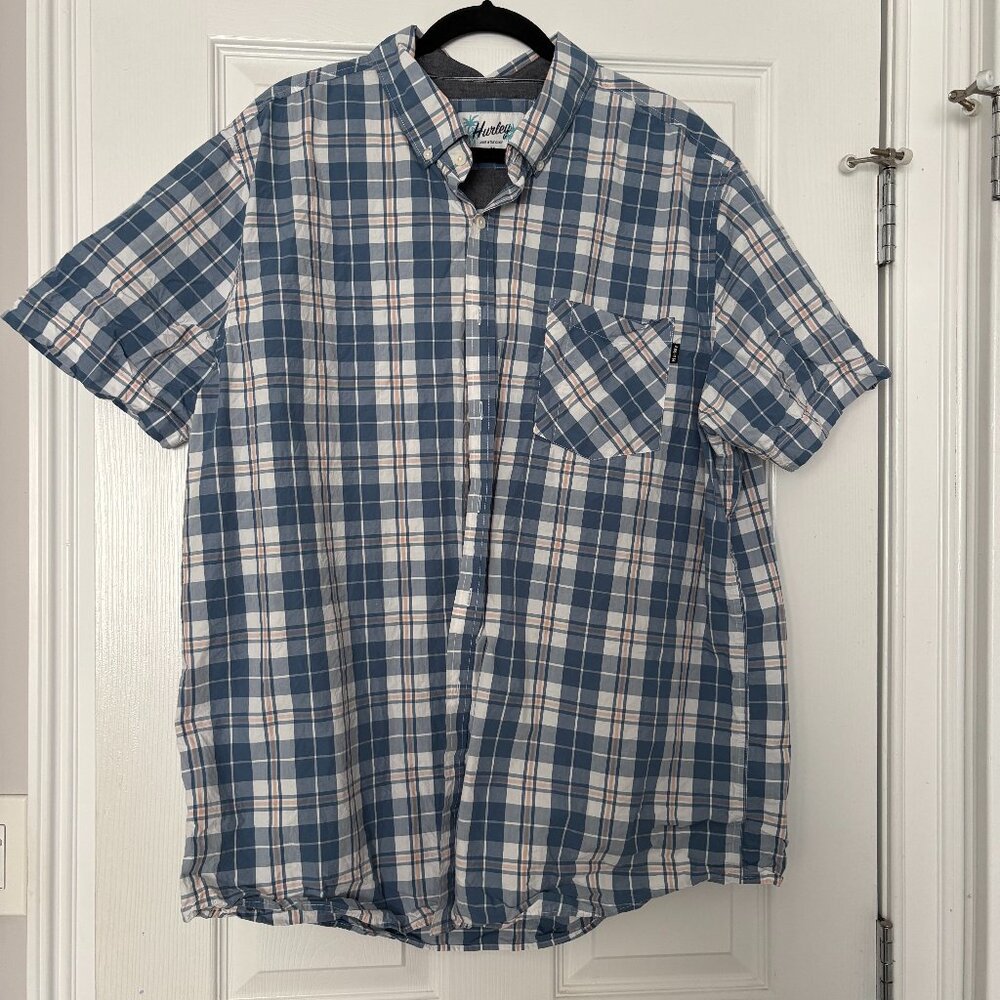 Hurley Men's Button-Down Short-Sleeve Shirt Blue White Coral Plaid Preppy XXL